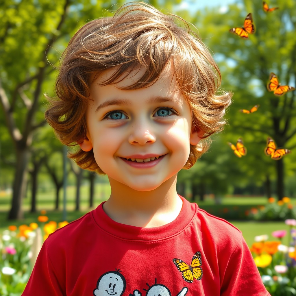 A portrait of a young boy with wavy brown hair and bright blue eyes, wearing a red t-shirt with cartoon characters