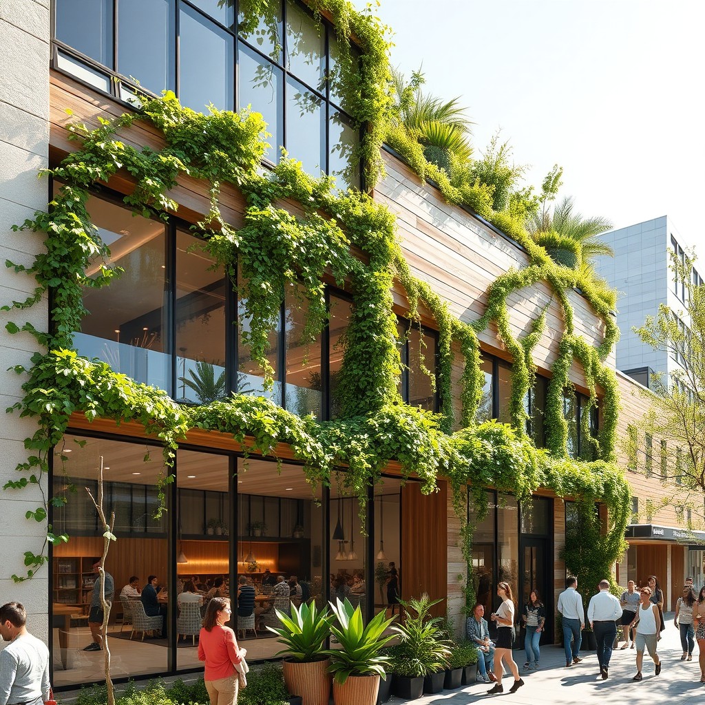 A modern biophilic commercial building with a renovated facade, featuring large glass windows, green climbing plants on trellises, and natural materials like wood and stone