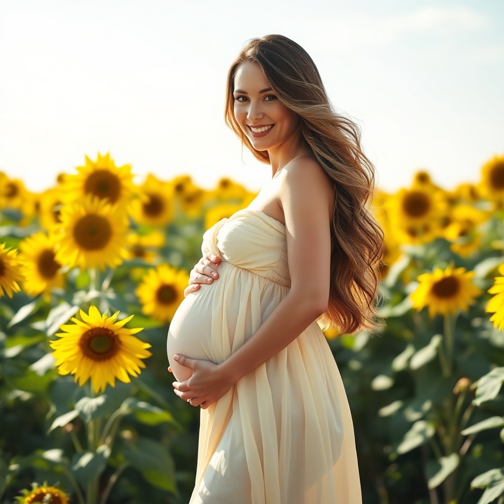 A stunning and elegant portrait of a beautiful woman standing in a sunflower field, showcasing her pregnancy with grace and poise