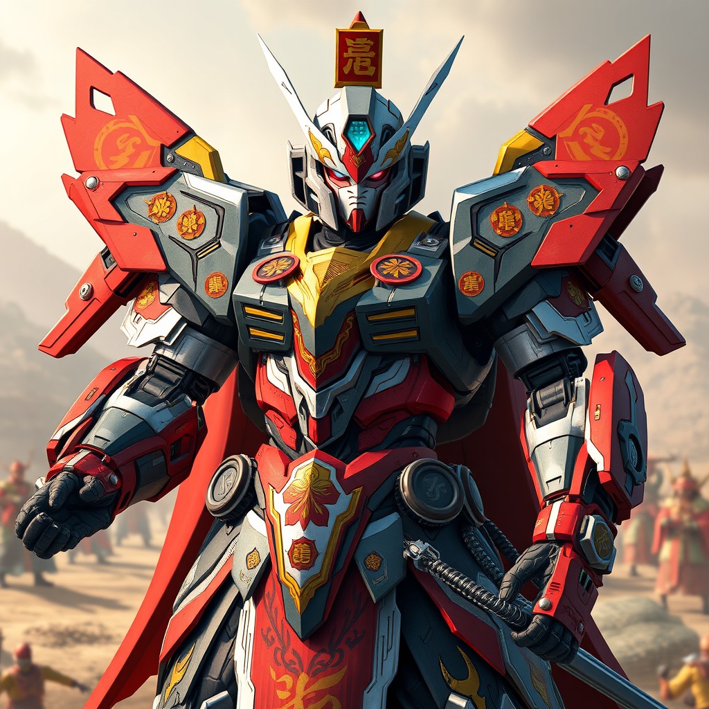 Sun Ce, the historical figure from the Three Kingdoms era, transformed into a powerful Gundam-like figure