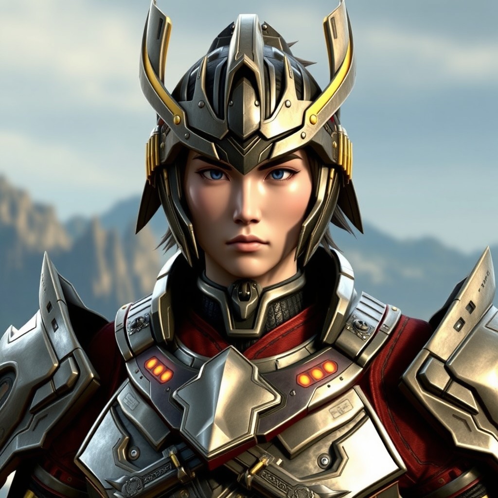 Sun Ce, a character from Dynasty Warriors, wearing intricate Gundam-inspired armor