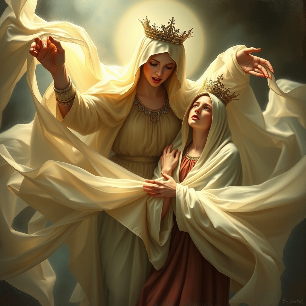 A paranormal story scene featuring Princess Leonor of Spain being enveloped by the Virgin of Carmen