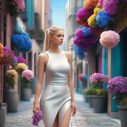 Photorealistic scene of a beautiful blonde woman with a ponytail, dressed in luxury fashion, strolling down an alley beautifully adorned with a myriad of colorful flowers in a futuristic city.