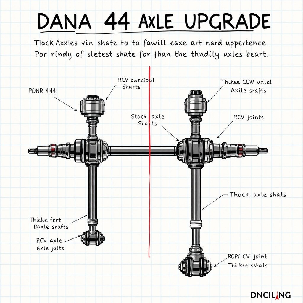 A technical illustration showcasing a Dana 44 axle upgrade, prominently featuring RCV axle shafts compared to stock axle shafts