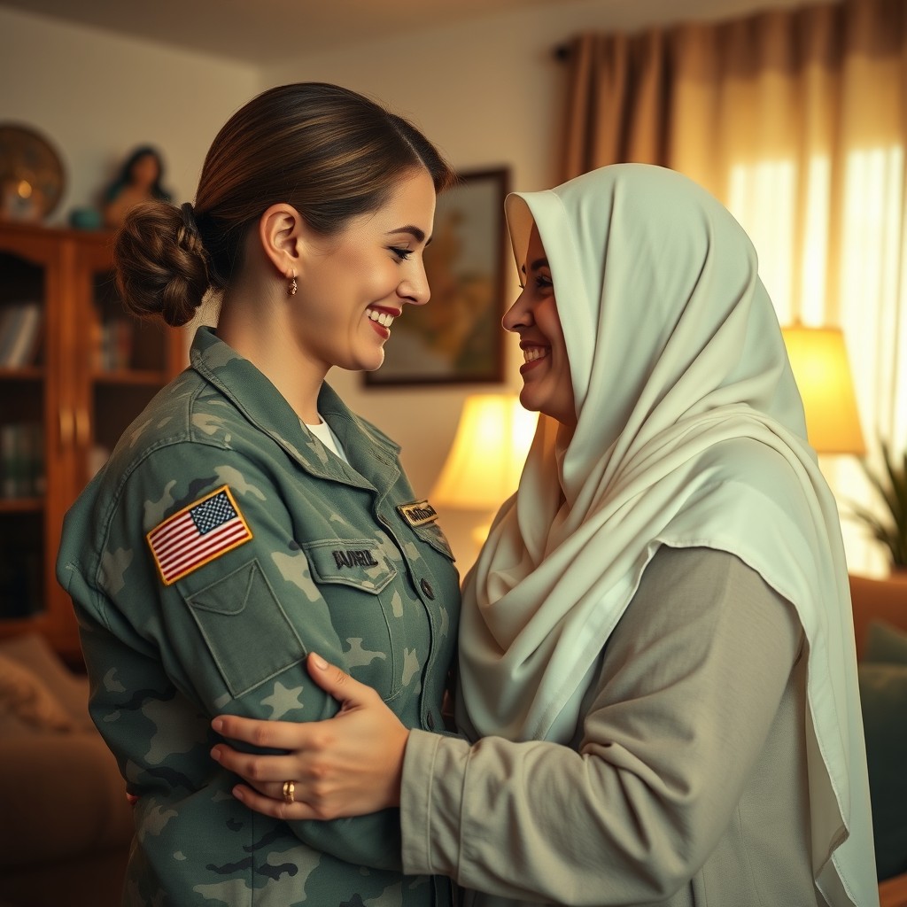 A cozy and intimate indoor scene depicting an American female soldier sharing a tender moment with a Saudi Arabian woman wearing a burka