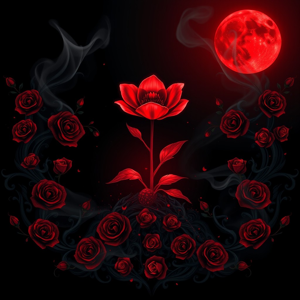 A support booth concept titled "Crimson Bloom in Chaos" showcasing a new interpretation of the quote: "Look deeper within yourself and don't be afraid when beauty collides with darkness, because sometimes the most beautiful things begin in chaos