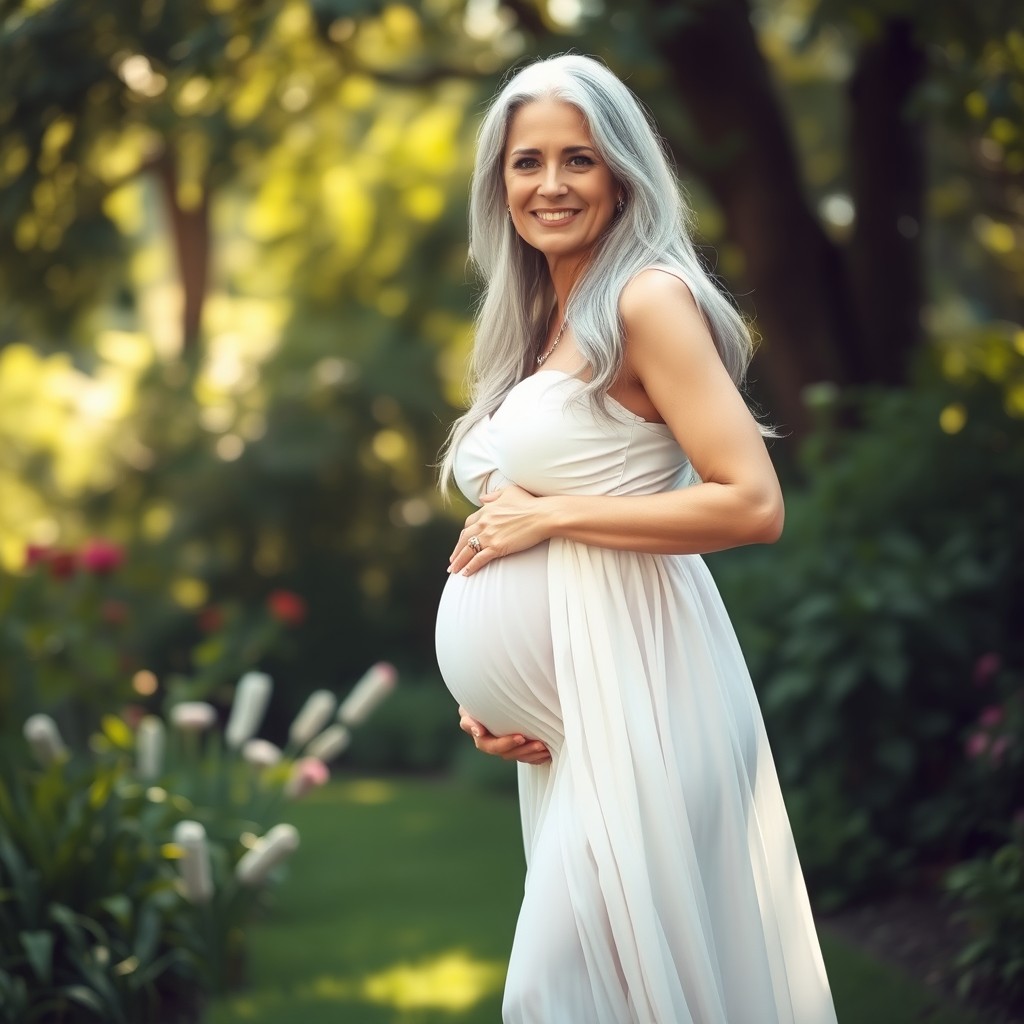 A stunning scene featuring a pregnant grandmother (GILF), radiating beauty and confidence