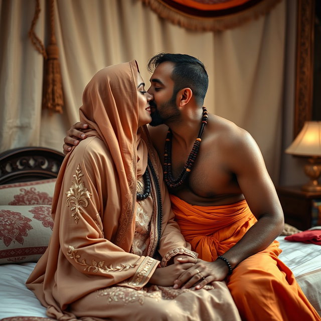 In a cozy, softly lit bedroom, a beautiful Saudi Arabian Muslim woman elegantly dressed in an intricately embroidered Abaya and a stylish hijab is being kissed tenderly by an Indian sadhu