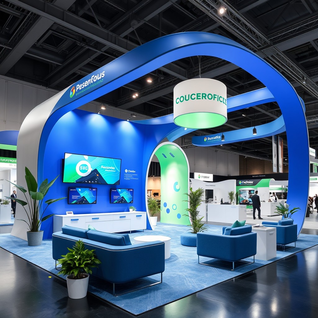 A modern and stylish exhibitor booth design suitable for trade shows or conventions