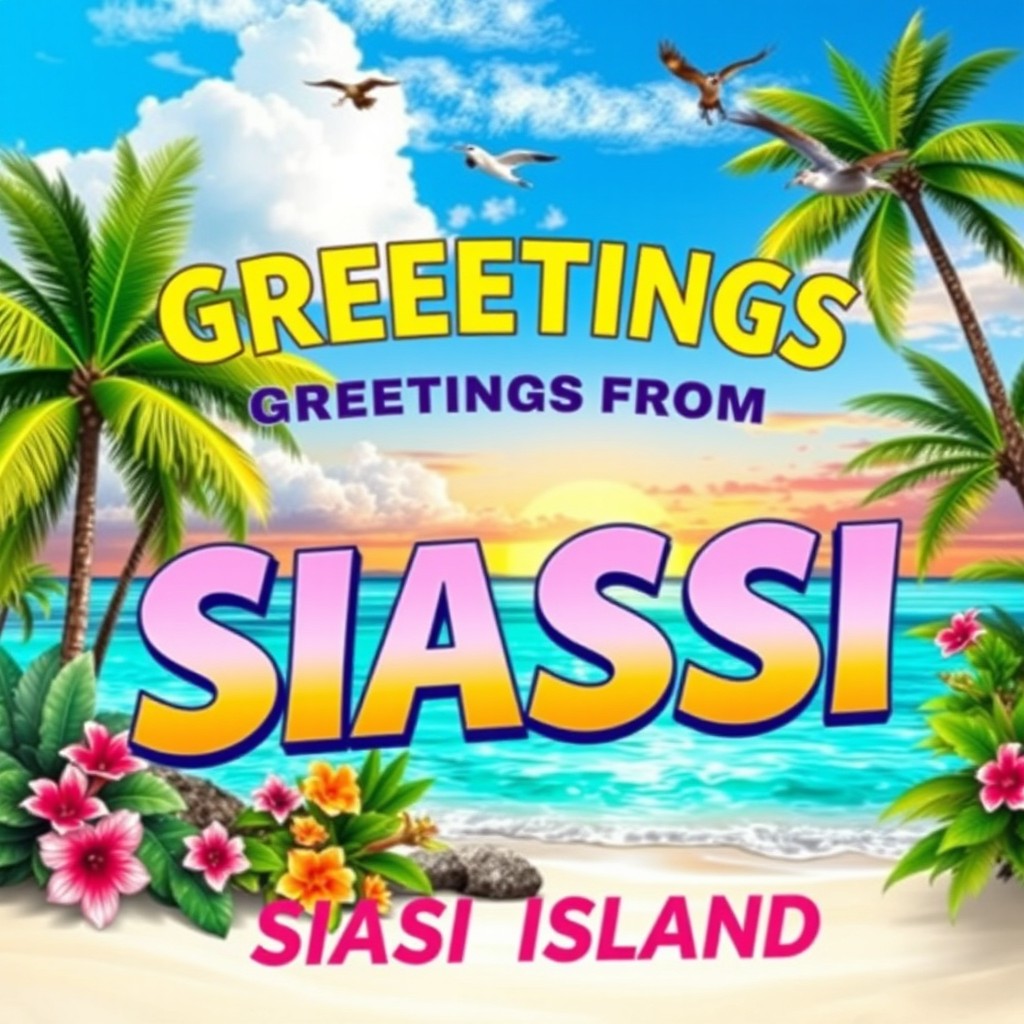 A vibrant postcard design featuring the phrase "GREETINGS FROM SIASSI ISLAND" in bold, colorful letters