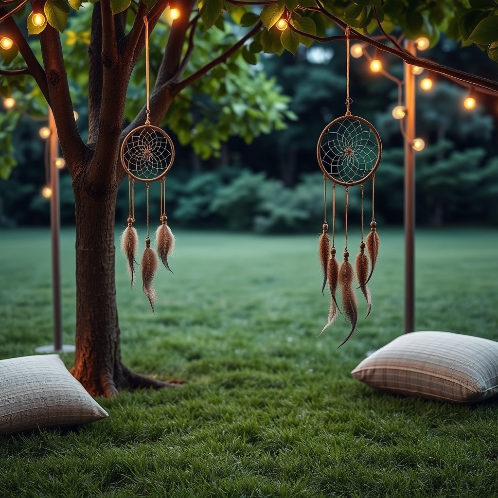 A cozy exterior design featuring a soft green grass floor, adorned with two beautifully crafted dream catchers hanging gracefully from nearby trees