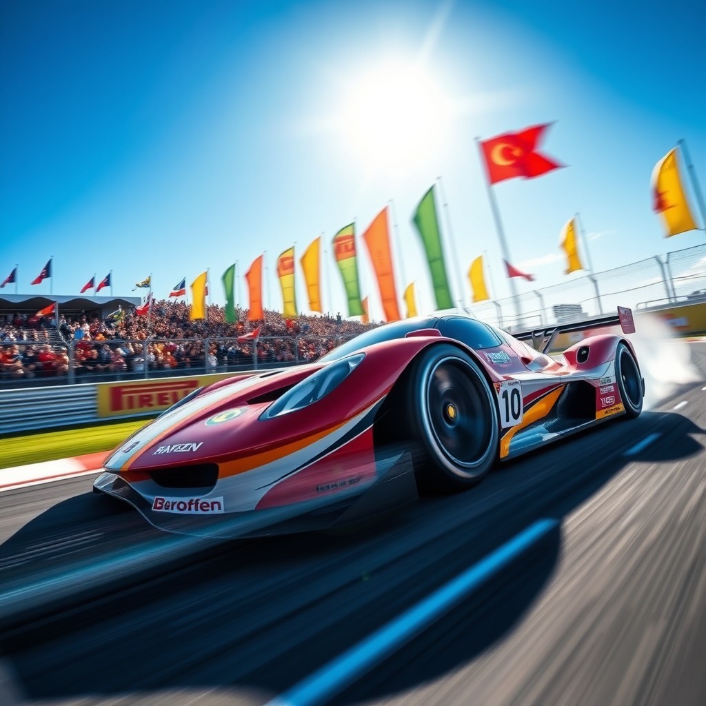 A high-speed racing car zooming down a thrilling race track, with sleek aerodynamic lines and vibrant colors