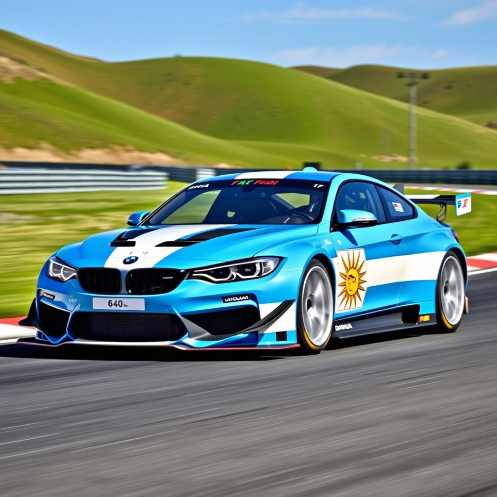 A high-performance touring car inspired by Uruguayan supertouring cars, featuring the colors of the Uruguayan flag: sky blue and white