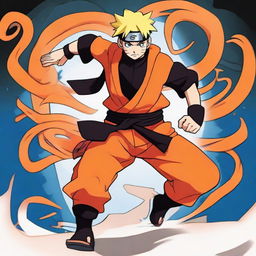 Depict Naruto, the iconic ninja from the anime series, in his trademark orange and black attire. He should be performing a jutsu, with swirling energy around his hands, and his blue eyes filled with determination