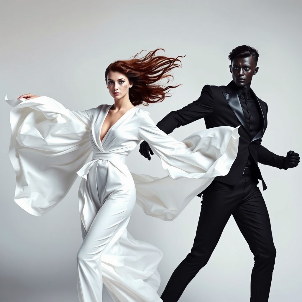 A dynamic scene featuring two figures, one dressed in a white outfit and the other in a black outfit