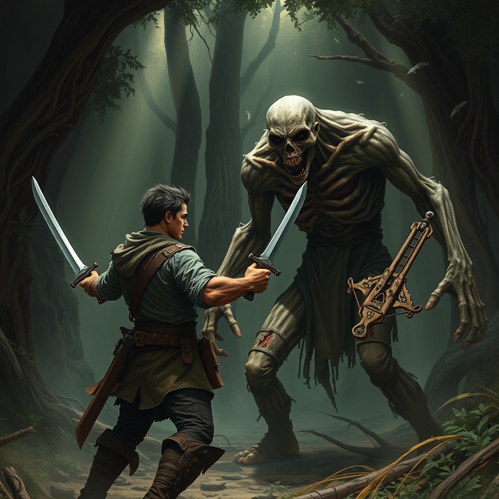A dramatic scene in a dense, shadowy forest showcasing a heroic character wielding a rapier in one hand and a small crossbow in the other, poised for battle