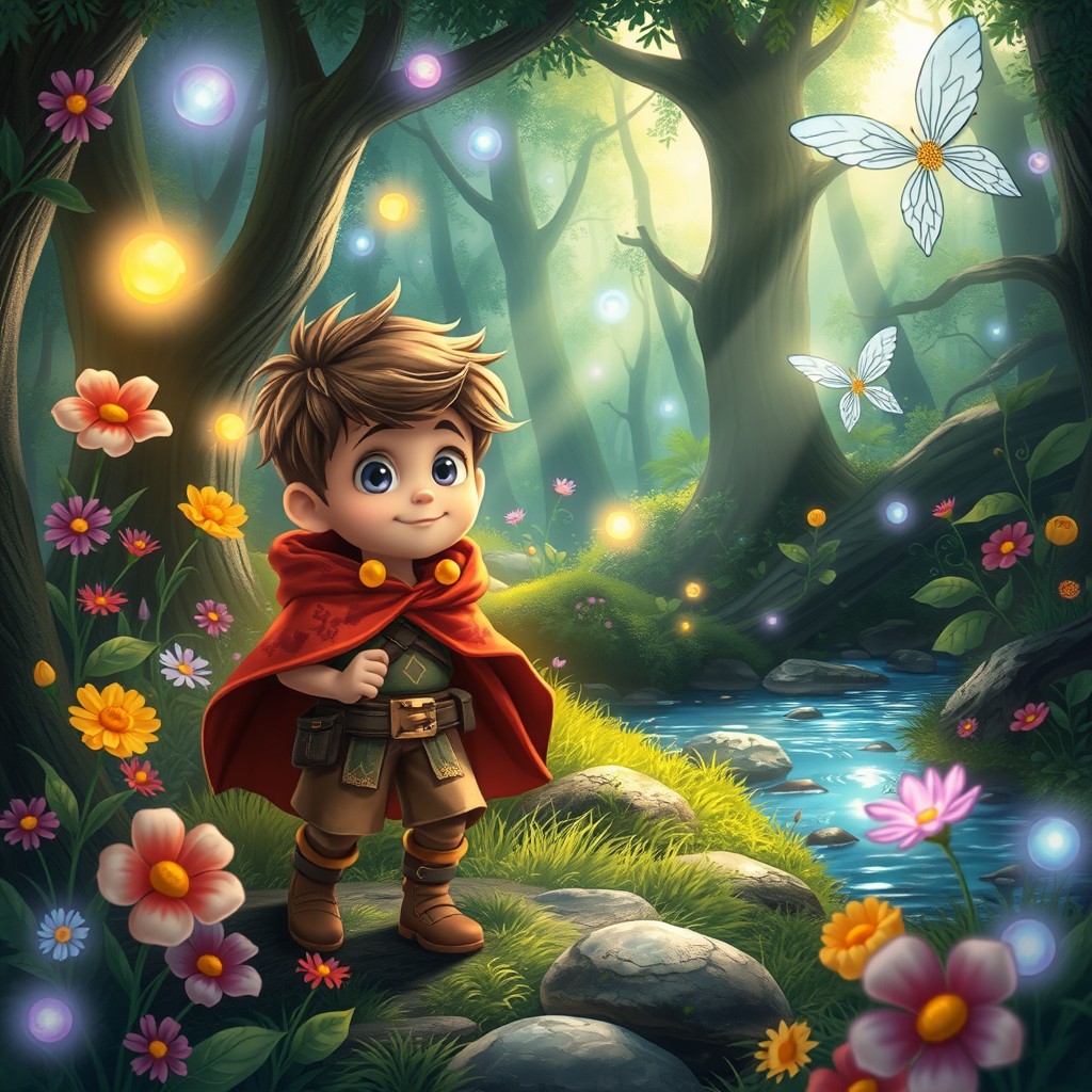 A whimsical, fantasy-inspired scene featuring a magical forest filled with vibrant flowers, enchanted creatures, and glowing orbs of light