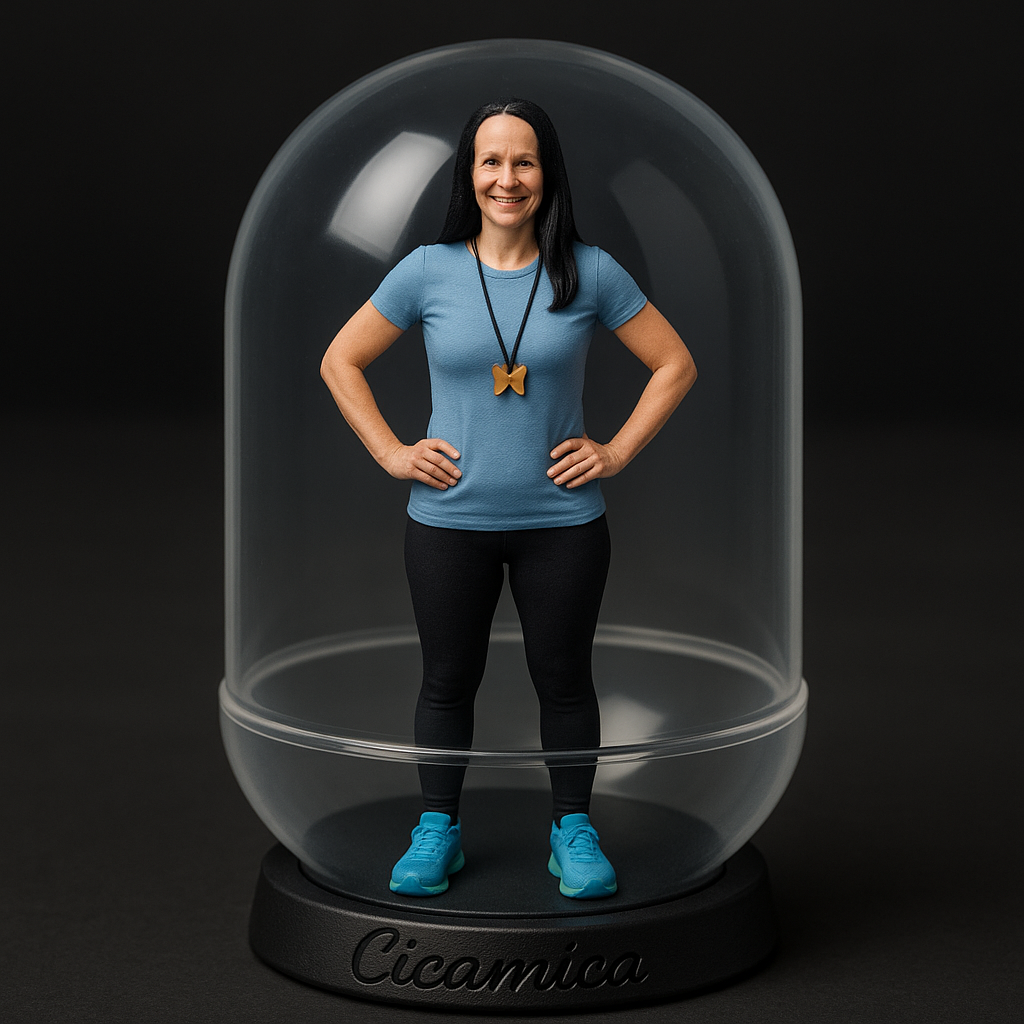 Based on the uploaded image, transform the woman into a detailed gashapon-style miniature, preserving her outfit, full-body pose (including legs, standing with hands on hips), and smiling face that closely resembles the original. She is inside a small capsule held gently between two natural human fingers. The capsule is half-transparent, with a soft matte black flat base. The base is labeled "Cicamica" in an engraved, handwriting-style script font that supports accented characters. The background is dark studio style.