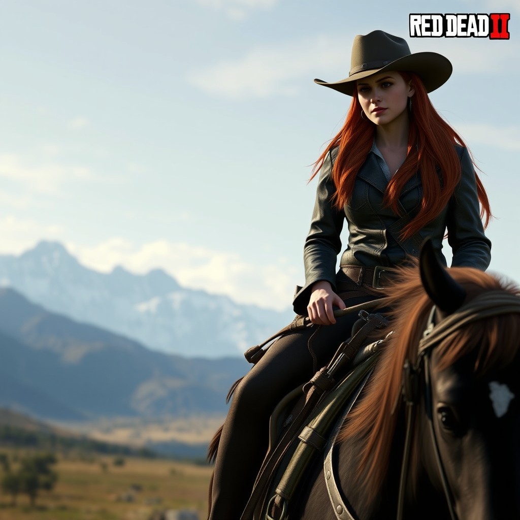 A beautiful red-haired girl with long, flowing hair, dressed in western-style clothing including a leather jacket and a cowboy hat, riding gracefully on a strong and elegant horse