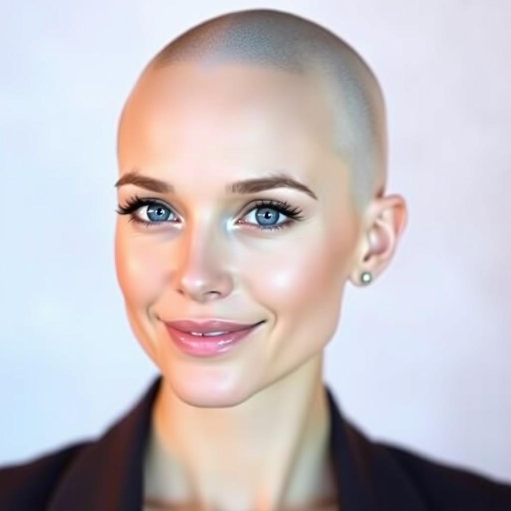 A woman with a smooth, bald head, radiating confidence and beauty