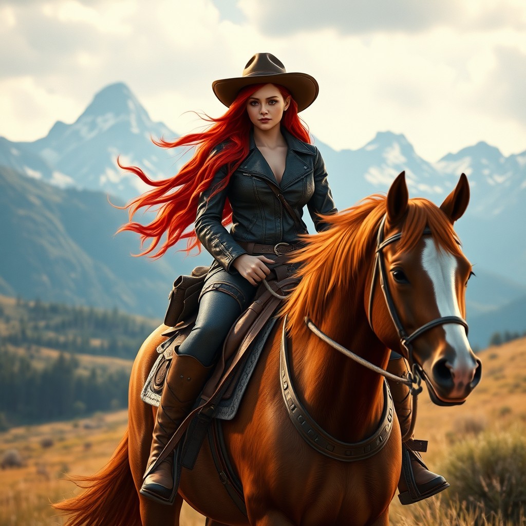 A stunning red-haired girl with long flowing hair, dressed in western style clothing including a leather jacket and wide-brimmed hat, riding a strong and elegant horse