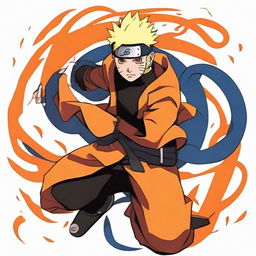 Depict Naruto, the iconic ninja from the anime series, in his trademark orange and black attire. He should be performing a jutsu, with swirling energy around his hands, and his blue eyes filled with determination