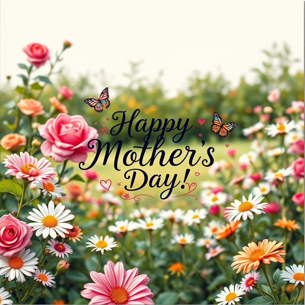 A heartwarming Mother's Day postcard scene featuring a beautiful garden landscape filled with vibrant flowers in full bloom, including roses and daisies