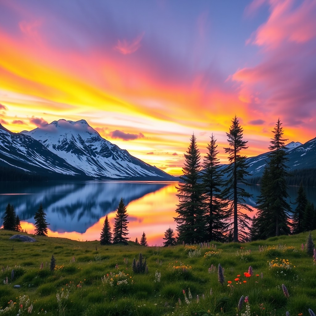 A serene landscape featuring a tranquil lake surrounded by snow-capped mountains under a vibrant sunset sky