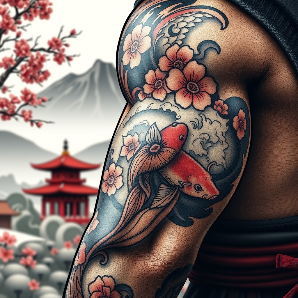 A close-up design of intricate tattoos on a half-arm of a samurai warrior