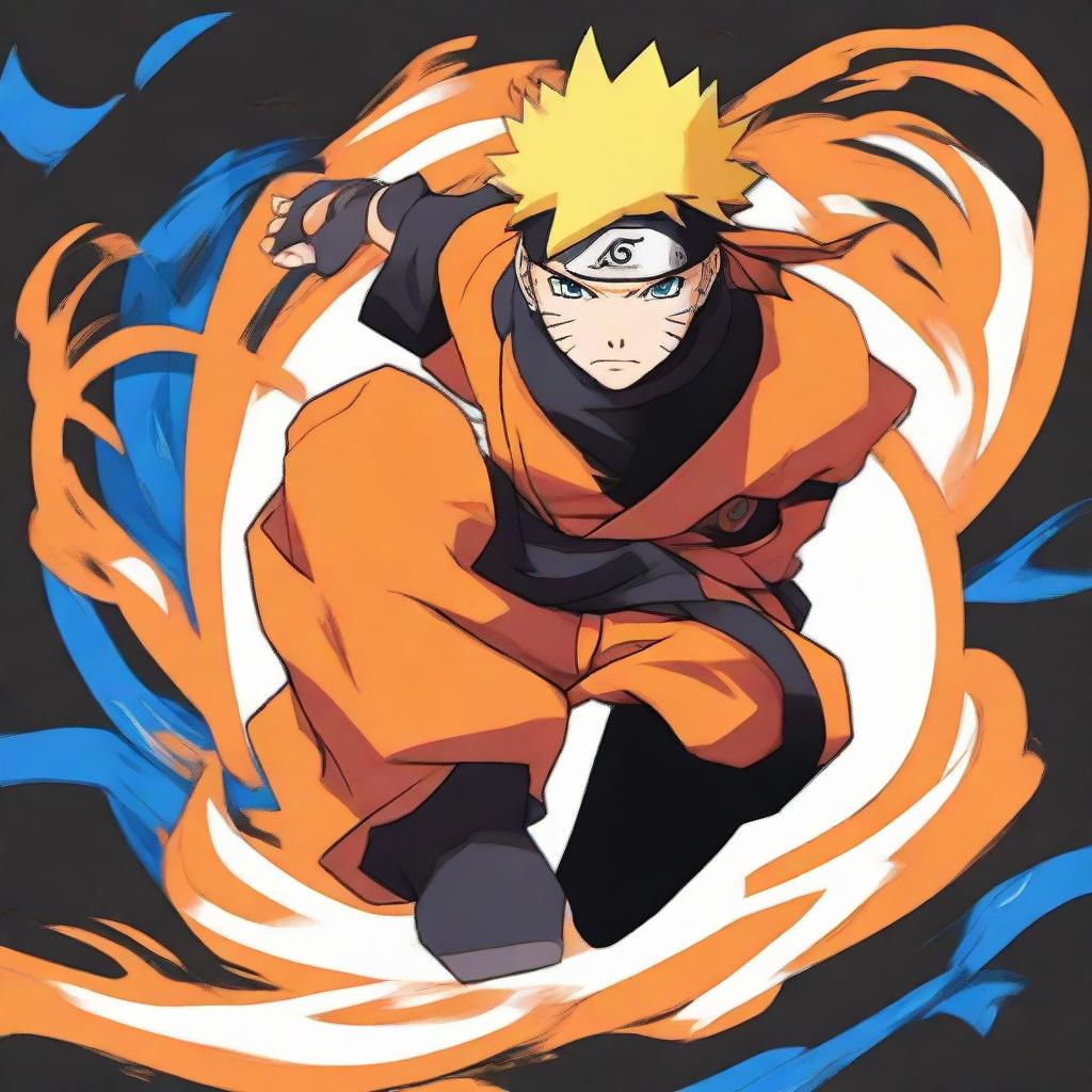 Depict Naruto, the iconic ninja from the anime series, in his trademark orange and black attire. He should be performing a jutsu, with swirling energy around his hands, and his blue eyes filled with determination