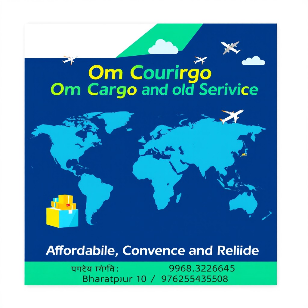 A sleek and modern advertisement design for 'Om Cargo and Courier Service', featuring a global shipping theme