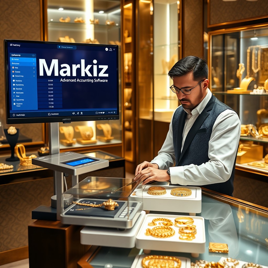 A gold jewelry shop with a modern touch, showcasing a sleek monitor displaying advanced accounting software named 'Markiz'
