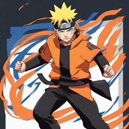 Depict Naruto, the iconic ninja from the anime series, in his trademark orange and black attire. He should be performing a jutsu, with swirling energy around his hands, and his blue eyes filled with determination