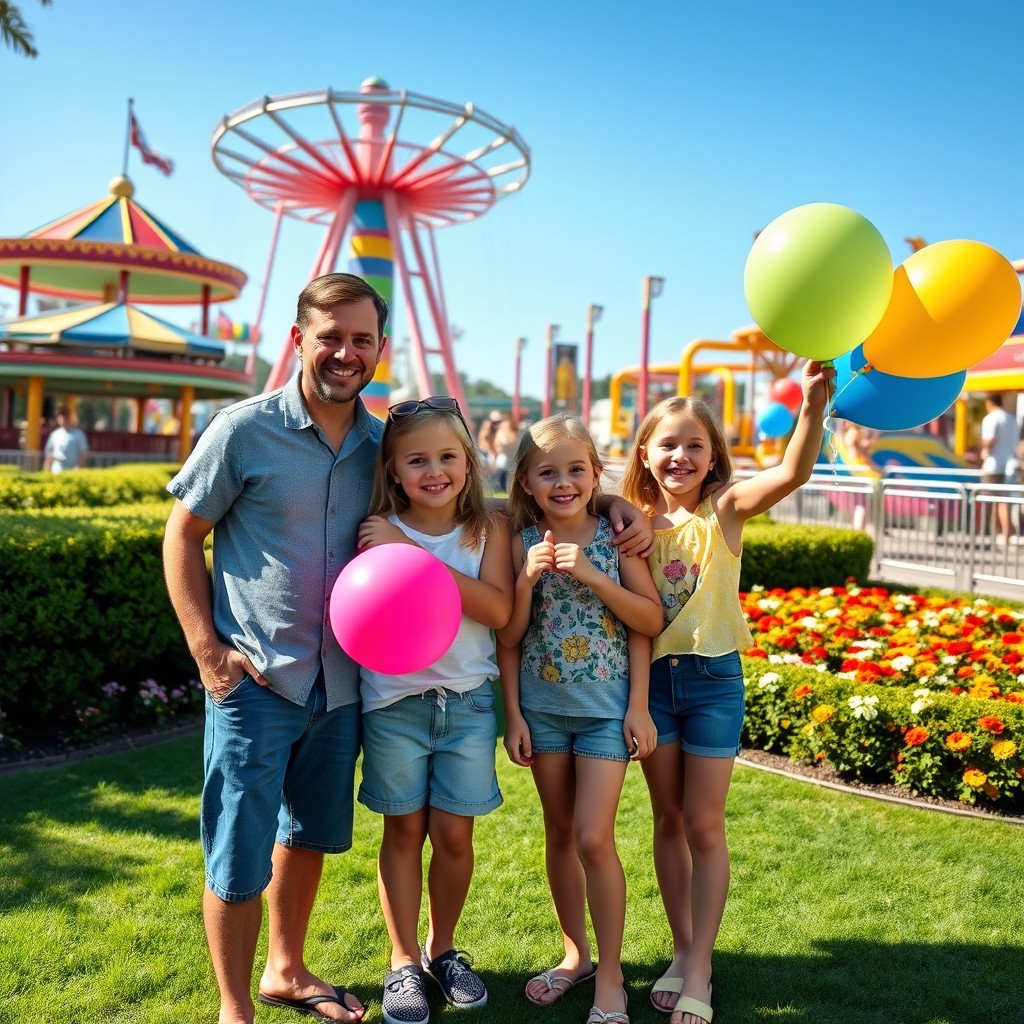 A complete family of four, consisting of parents and two children, joyfully posing for a picture in a vibrant theme park