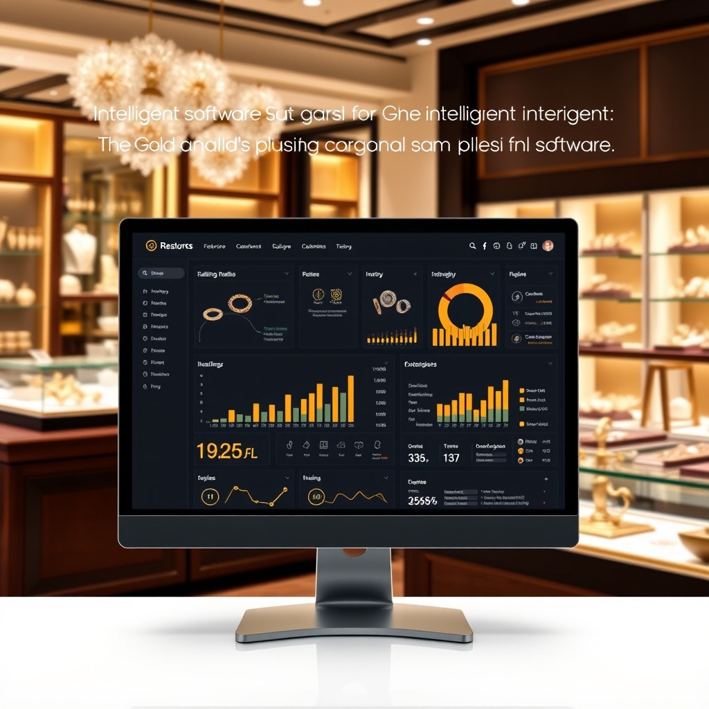 A sleek and modern interface design for intelligent software tailored for the gold and jewelry industry, featuring advanced sales management tools, accounting functionalities, inventory tracking, invoicing capabilities, and finance management features