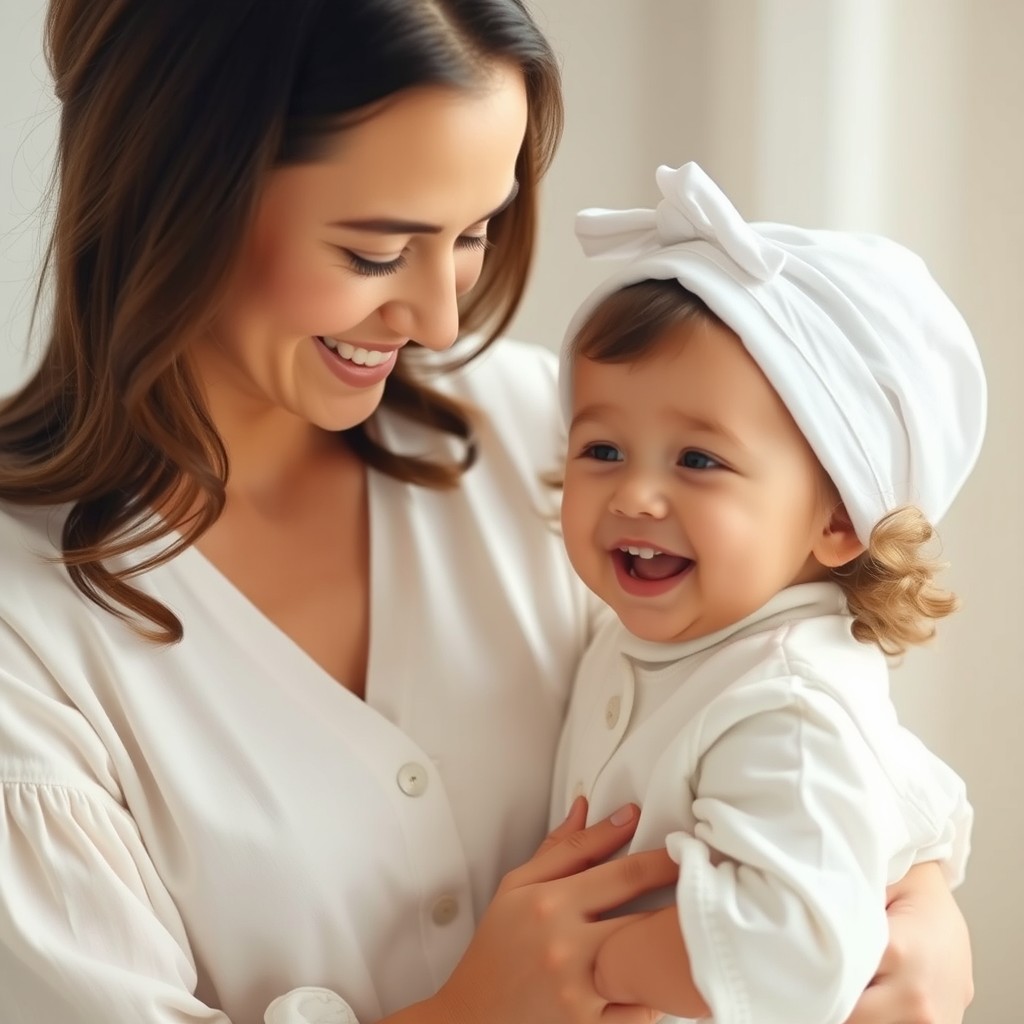 A heartwarming scene featuring a mother and her child both dressed in white outfits, standing closely together in the center of the image