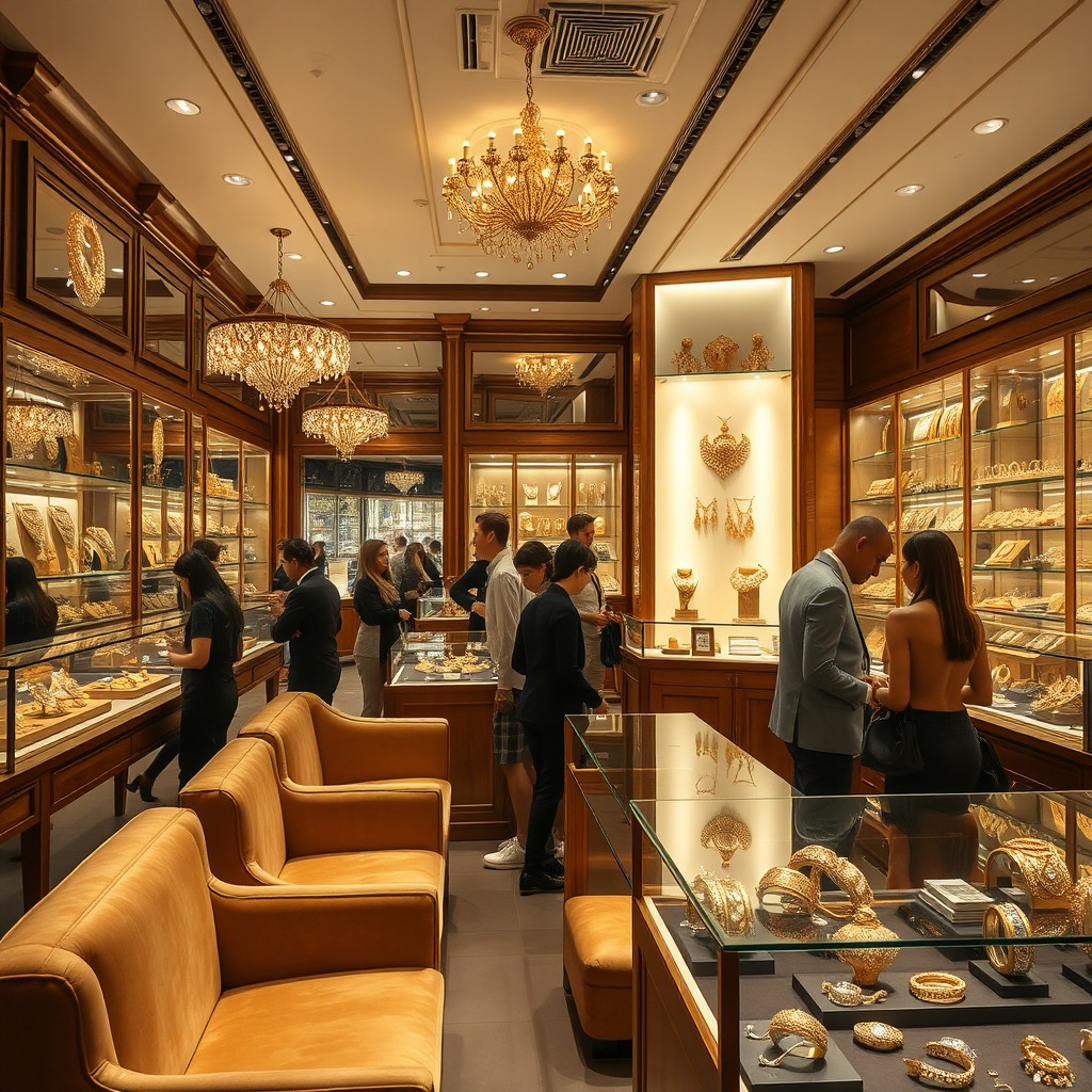 A luxurious gold jewelry store interior showcasing a dazzling variety of gold jewelry pieces such as ornate necklaces, intricate bracelets, and sparkling rings displayed elegantly in well-lit glass cases