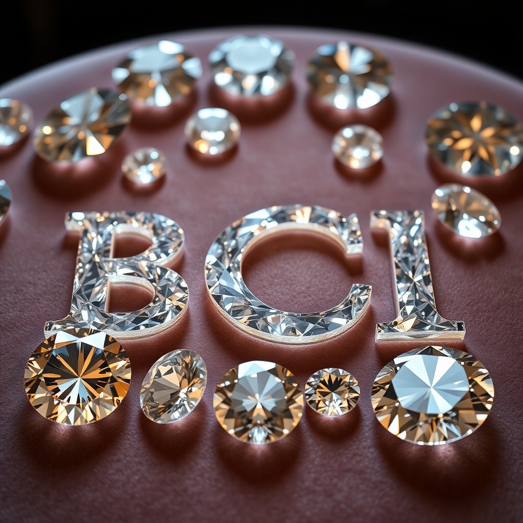 The letters 'BCI' elegantly carved or embedded within various diamonds of different shapes and cuts, sparkling with brilliance and reflecting light