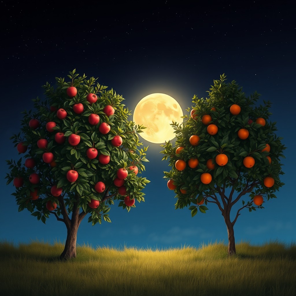 A serene nighttime landscape featuring an apple tree and an orange tree side by side, illuminated by a soft, glowing full moon in a clear starry sky