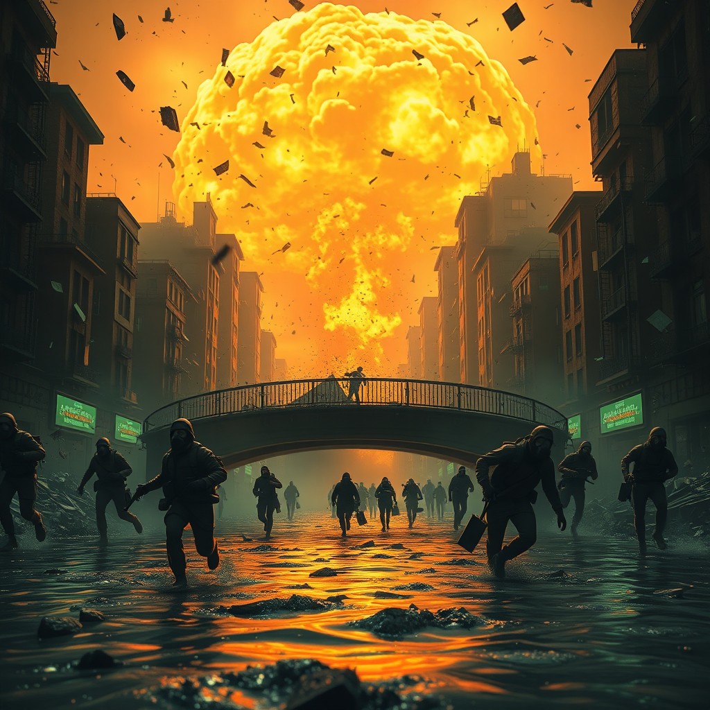 A cinematic post-apocalyptic scene set in a devastated city with people frantically running in fear from a massive nuclear explosion