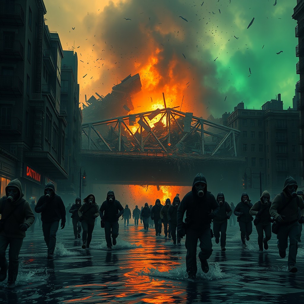 Cinematic post-apocalyptic scene depicting a city with a focus on a dramatic bridge collapse under the weight of debris