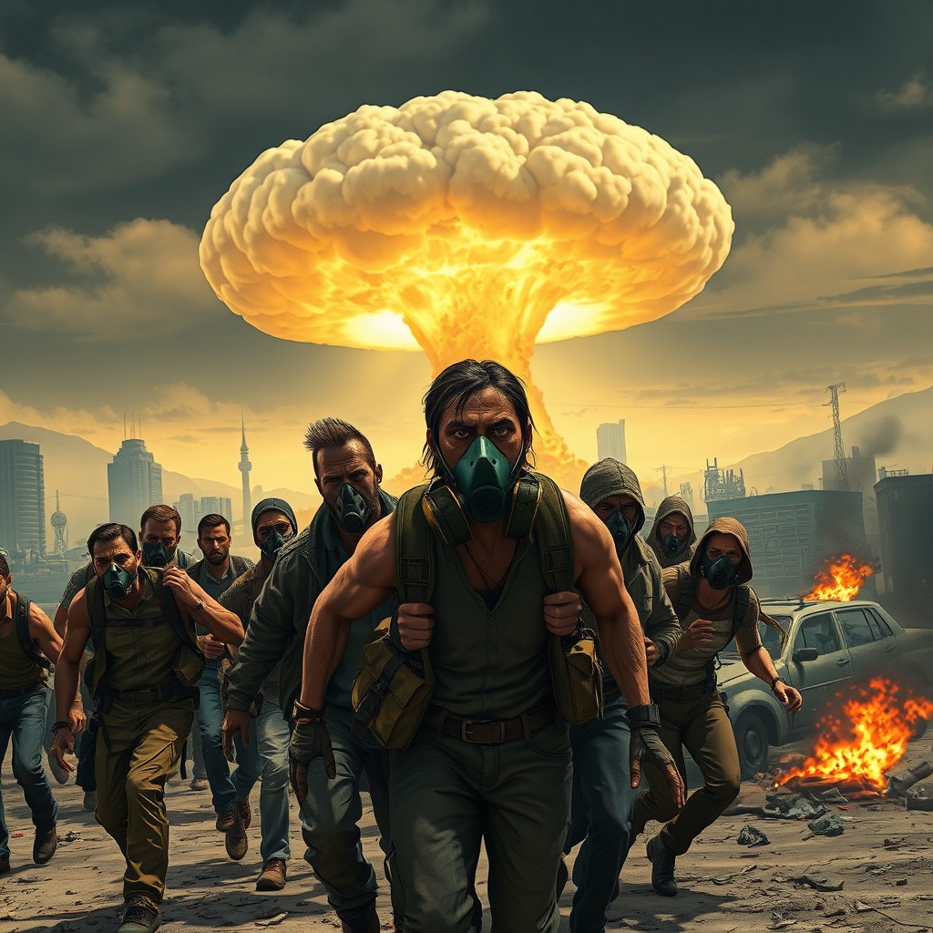 A group of diverse people frantically escaping from the urban chaos of Los Santos, with a massive mushroom cloud from a nuclear explosion looming ominously behind them