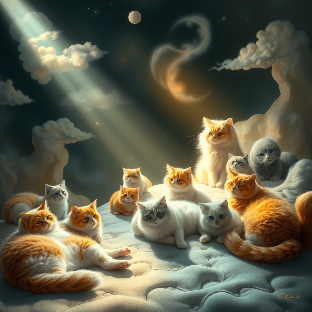 A surreal and realistic depiction of purgatory, where a celestial atmosphere meets a whimsical environment filled with vibrant, playful cats of various breeds