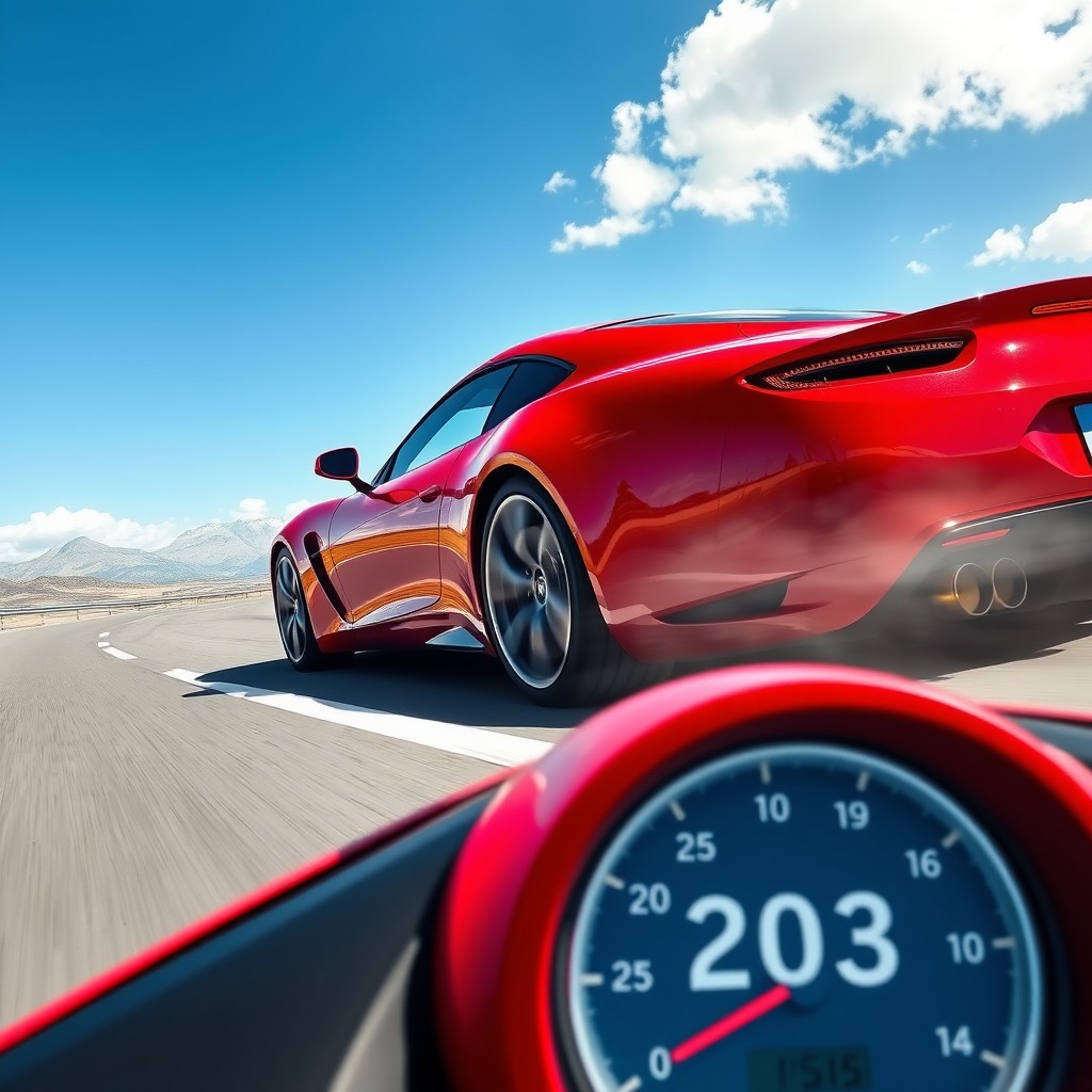 A sports car speeding down an open highway, sleek design with glossy red paint, sun reflecting off the surface