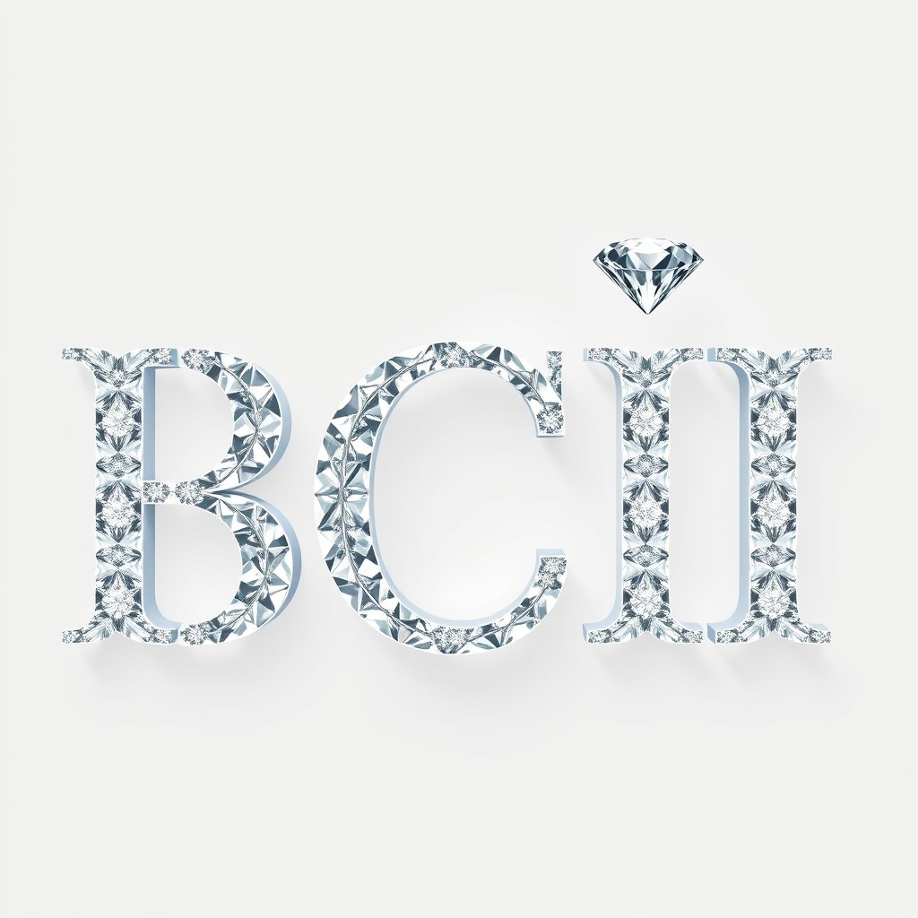 The letters 'BCI' designed in elegant diamond typography, where the letters are intricately crafted to resemble glittering diamonds with brilliant facets, reflecting light in a stunning way