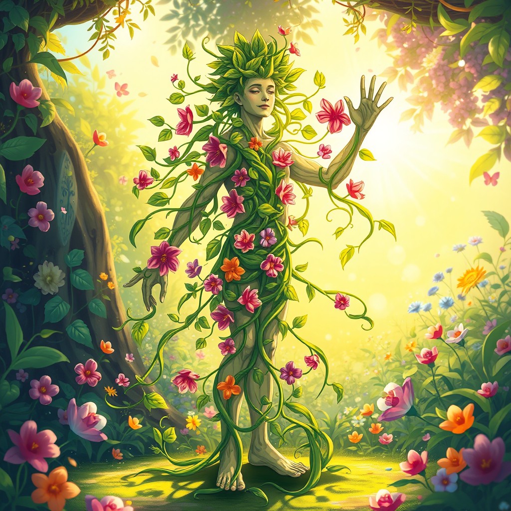 A vibrant and dynamic illustration of a human form transformed into an energetic plant, embodying a sense of growth and vitality
