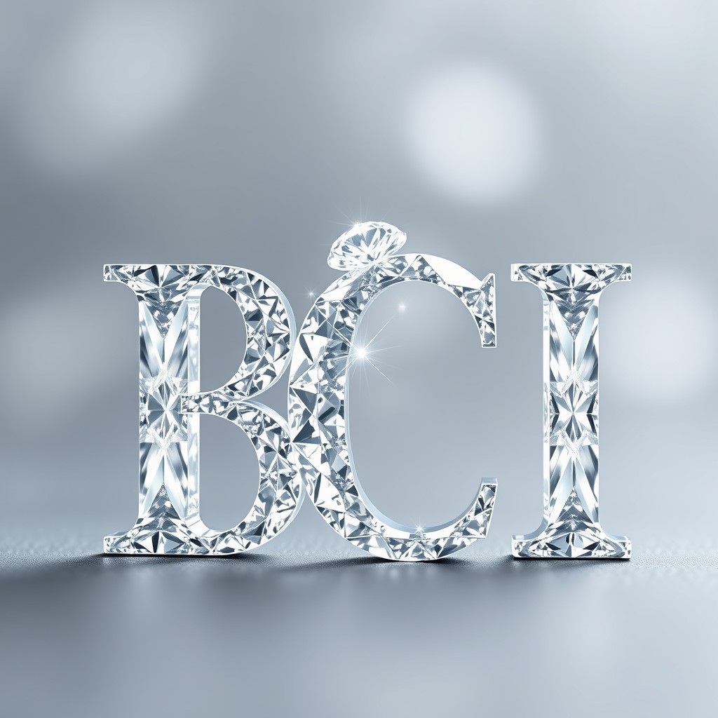 The letters 'BCI' beautifully crafted in diamond, with intricate facets and a shimmering surface that captures light spectacularly