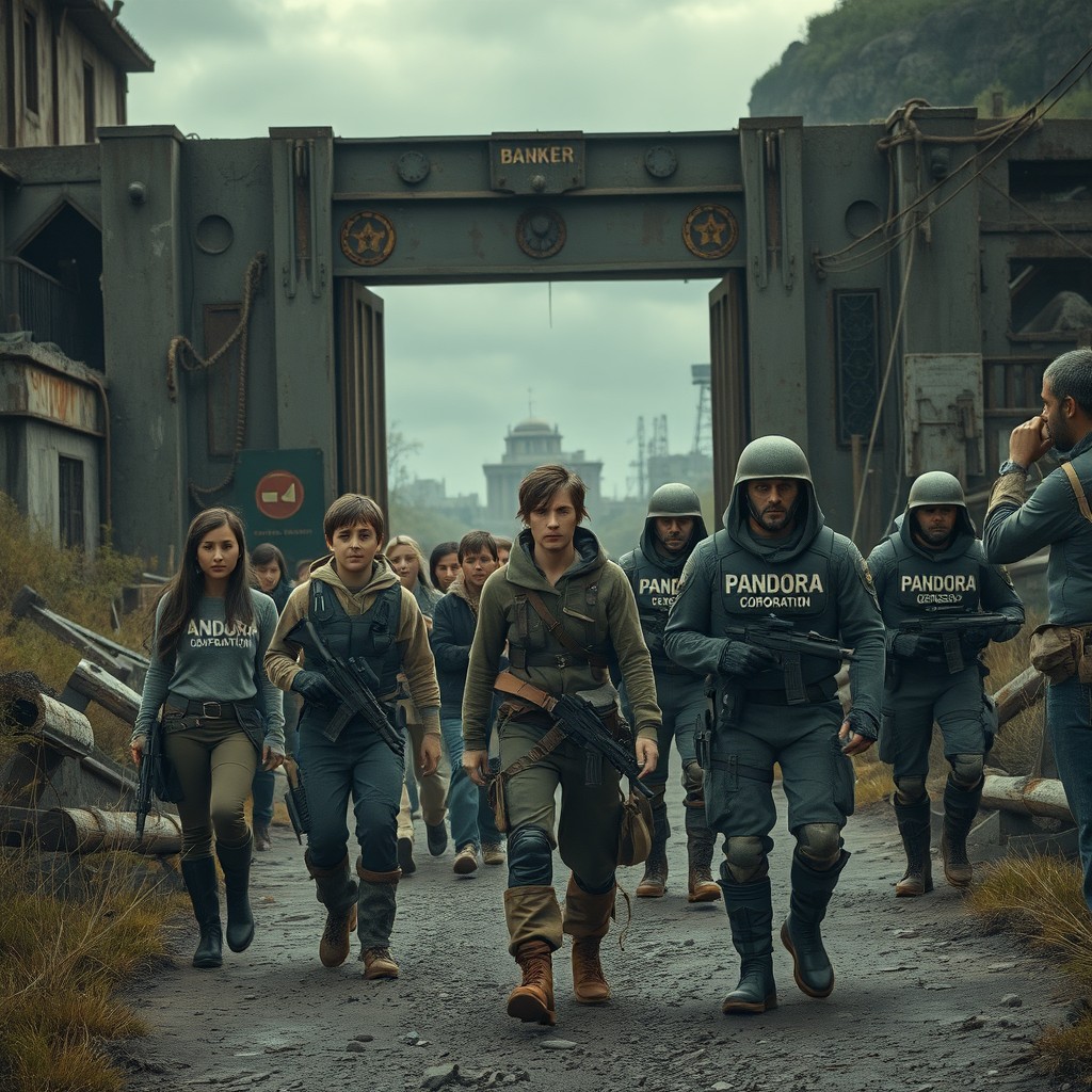 A group of people arriving at the gates of a bunker, where soldiers in uniforms labeled 'Pandora Genesis Corporation' await them