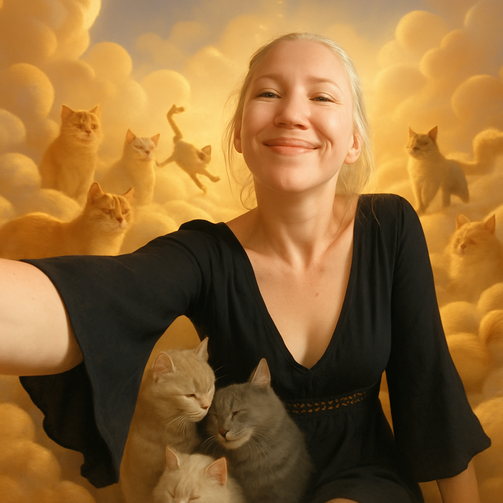 Can you make it look like I'm in purgatory but I'm still happy cause it's filled with cats . Realistic looking
