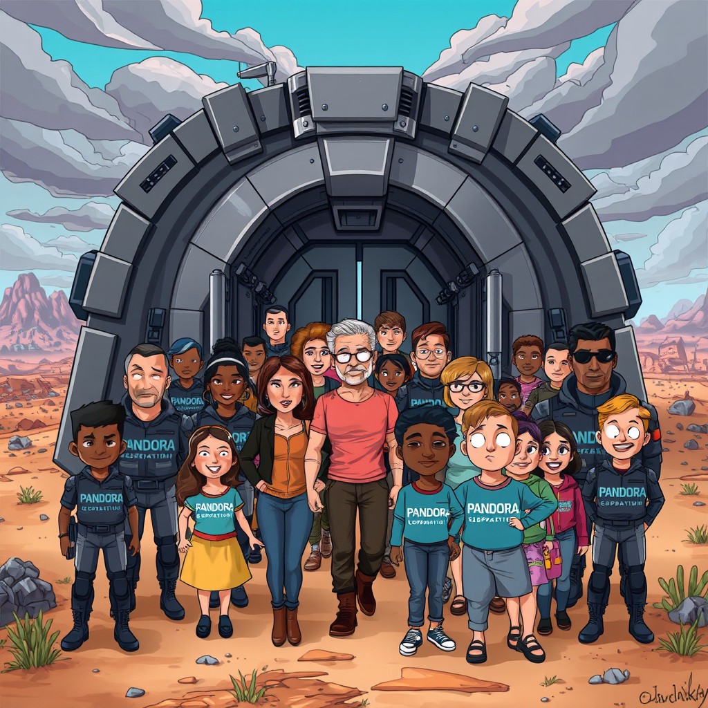 A cartoon-style depiction of a group of diverse people arriving at the doors of a futuristic bunker in a post-apocalyptic setting